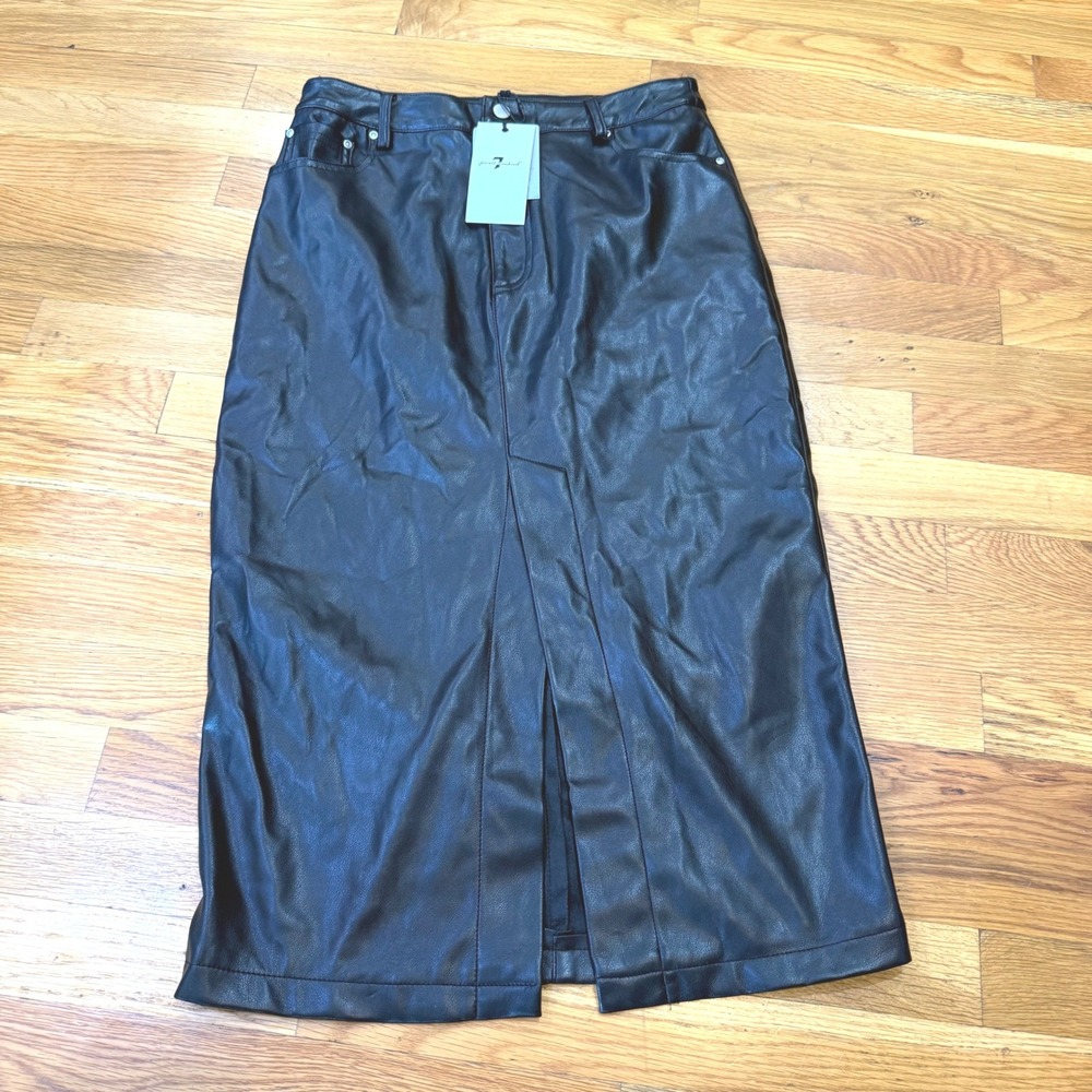 7 For All Mankind Black Vegan Faux Leather Midi Skirt with Front Slit Size S NWT